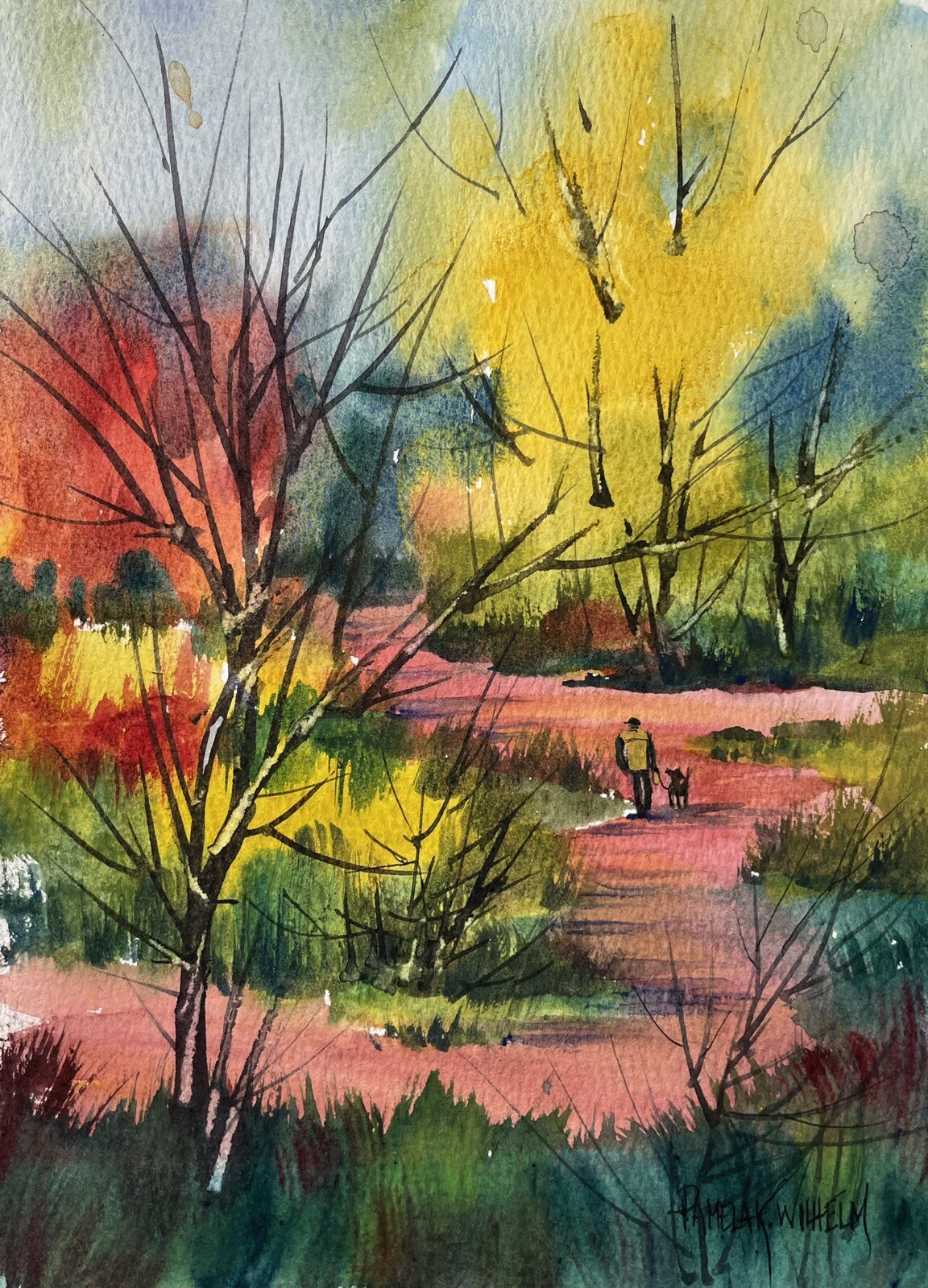 Pamela Wilhelm Watercolor 6”x8” Whimsical 1950s style landscape House Trees Path