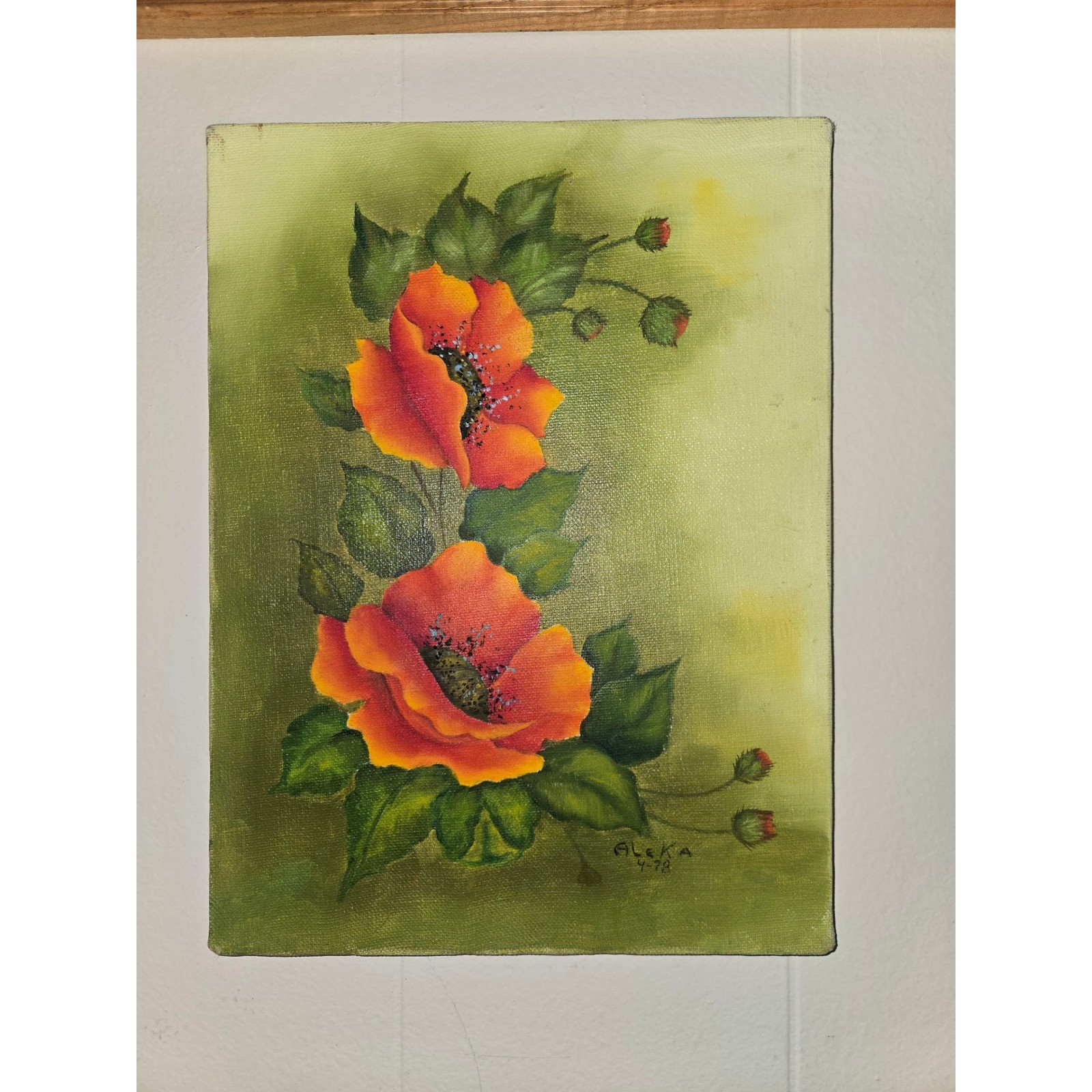 Vintage 1978 Aleka Signed Orange Poppies Oil Painting on Stretched Canvas Floral