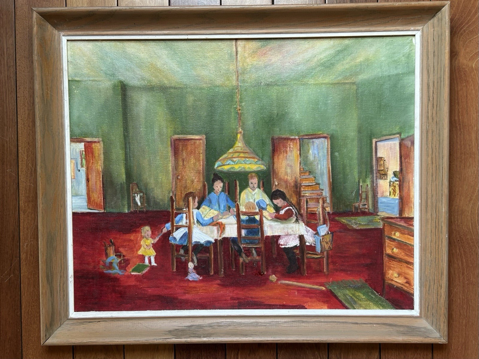 Original VTG Folk Art 1968 Painting Nostalgic Interior Family Gathering Scene