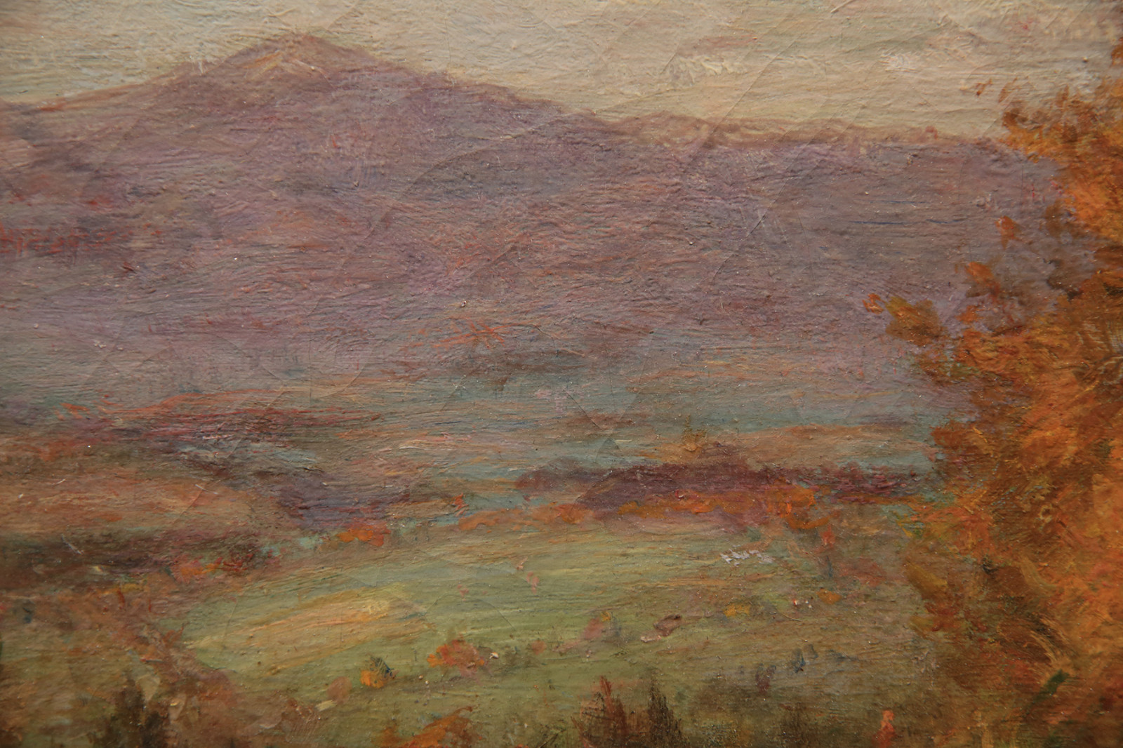 19th Century Painting Autumn Landscape Country Road Mountain with Red Trees