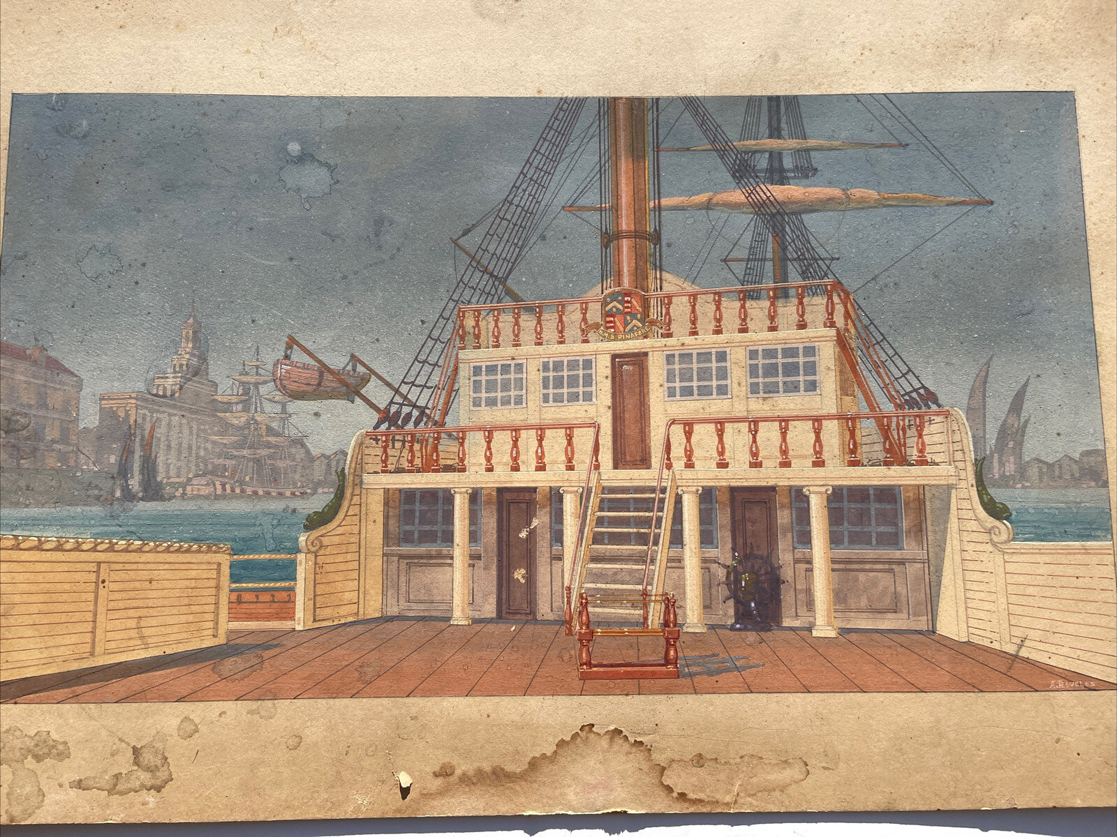 ANTIQUE PAINTING NAUTICAL ILLUSTRATION DIEGO RIVERA MURAL ASSISTANT REVELES RARE