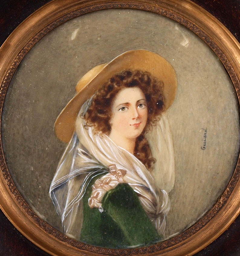 Antique 1700s-1800s Young Beauty & Hat PORTRAIT MINIATURE Painting Signed GUIARD