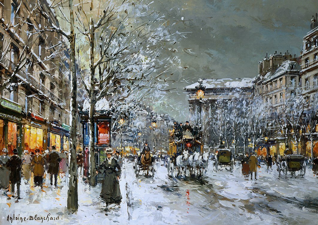Oil street landscape Boulevard-de-la-Madeleine-Sous-la-Neige-Antoine-Blanchard