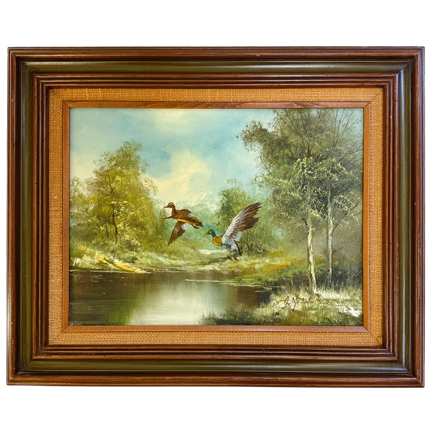 Vintage Original Oil Painting by A. McLaughlin, Mallards in Flight 21.5″ x 17.5