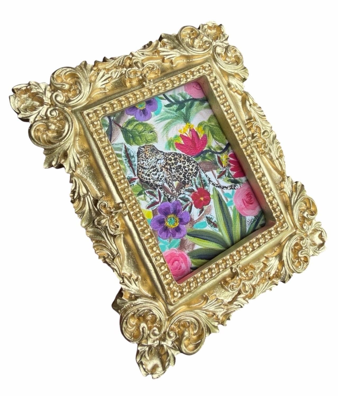 Leopard mini watercolor animal print of original painting • vintage ornate frame