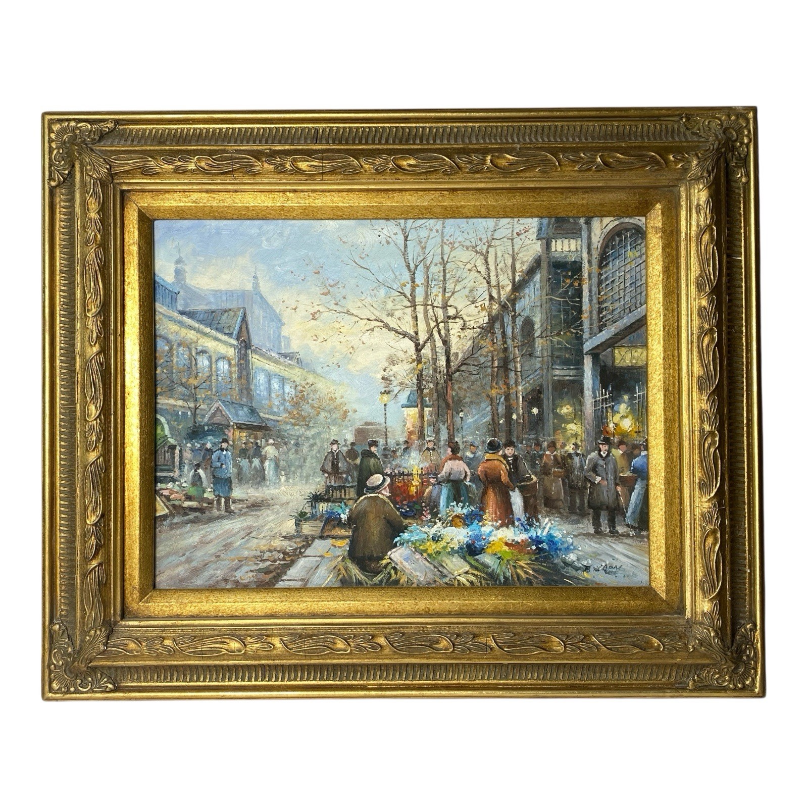 Vintage Original Oil Painting Paris Flower Market Street Scene Signed B. Yaon