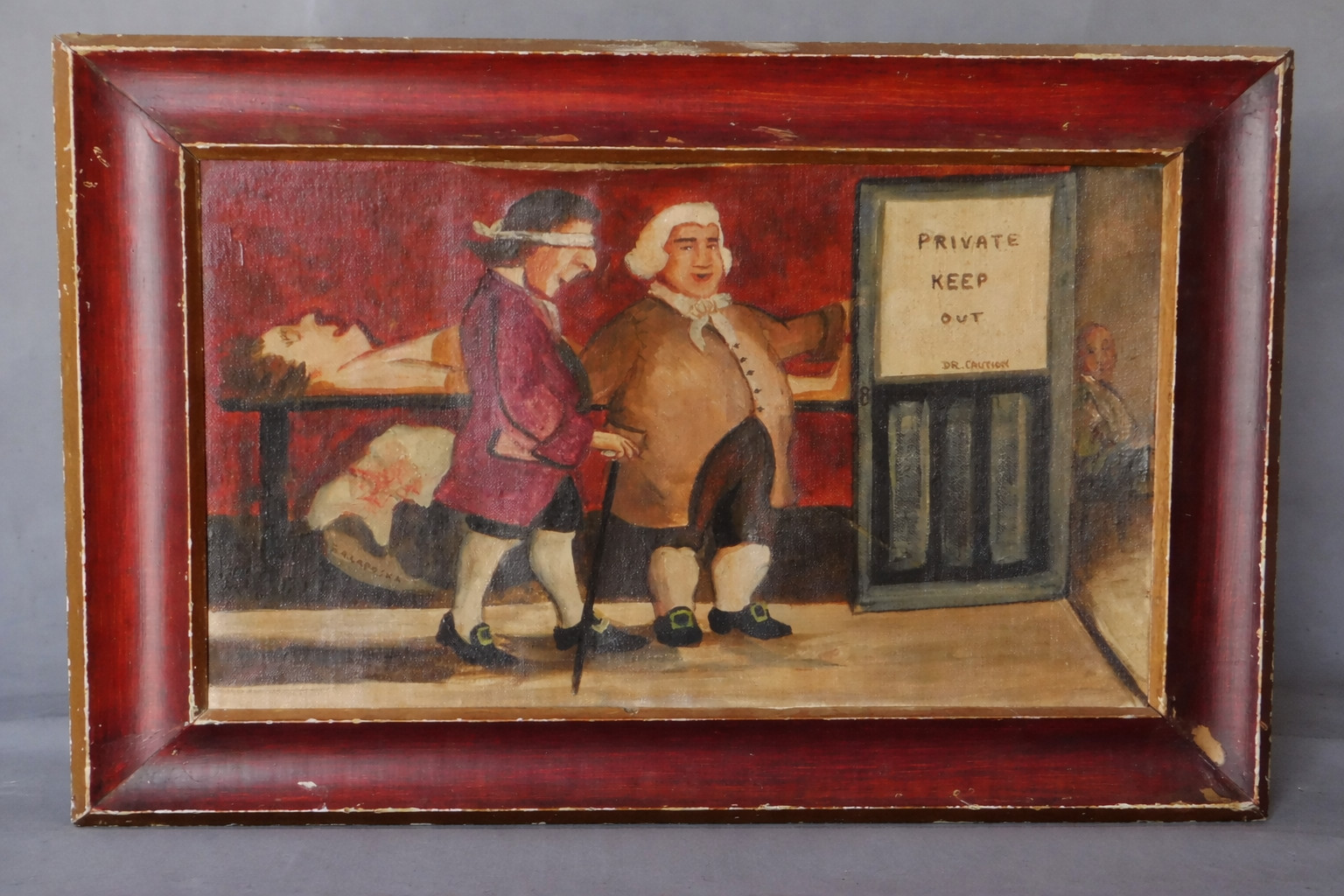 Gloria Laposka Oil Painting Colonial Doctor Scene Folk Art Framed Signed