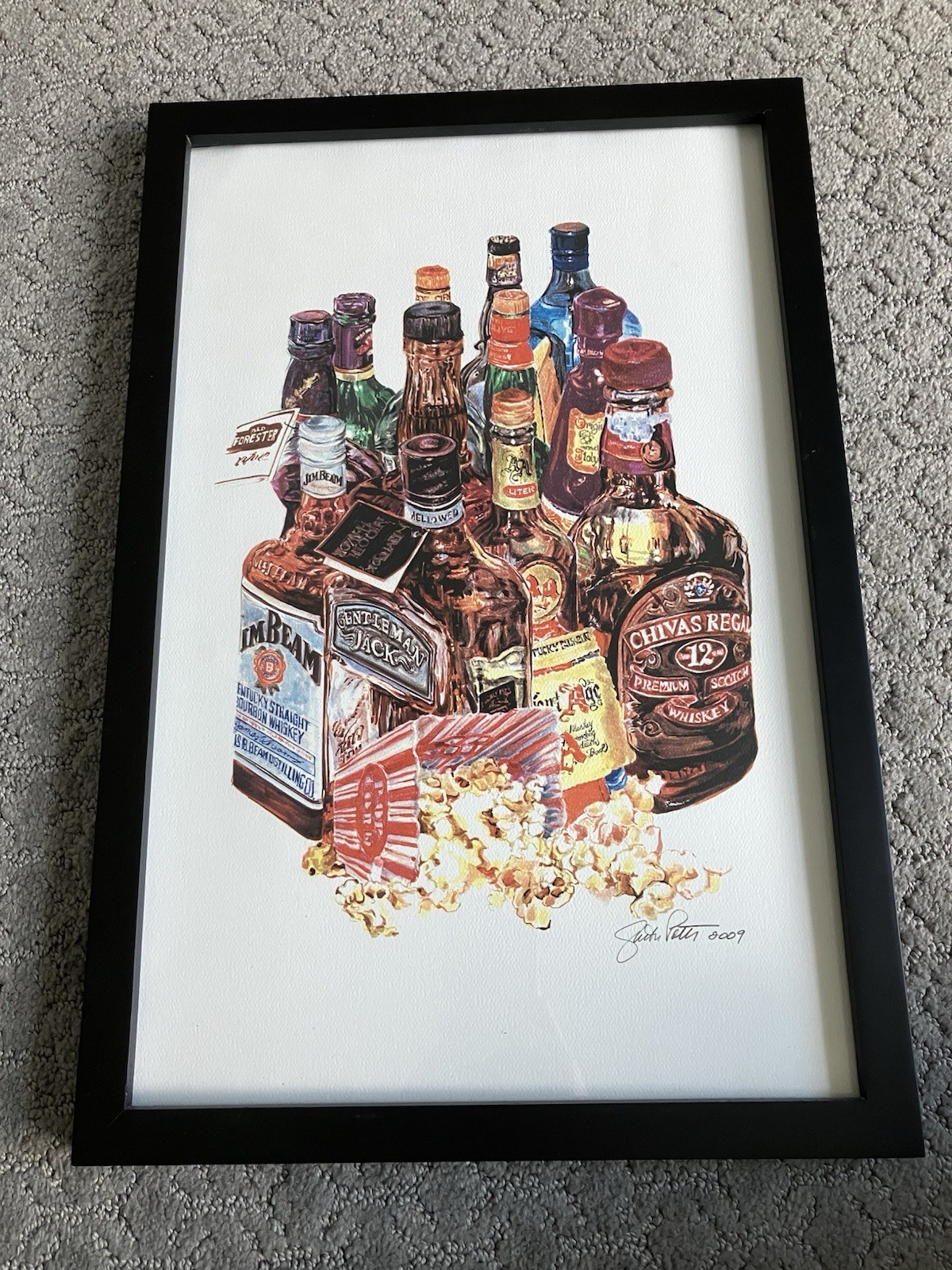 Hand Painted Watercolor Art – Assorted Whiskey and Spirit Bottles 12.5” x 18.25”