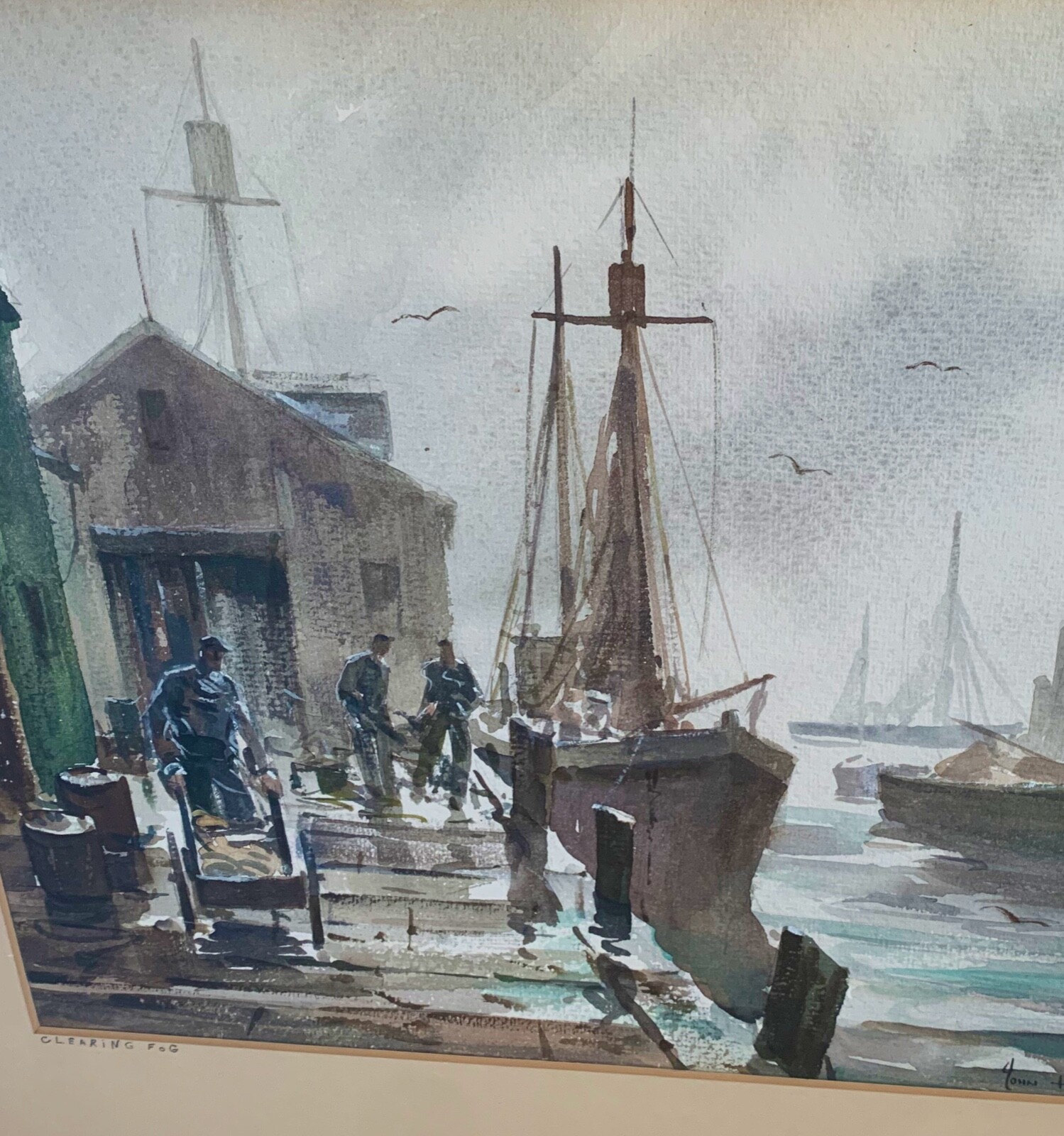 Signed JOHN(Cuthbert) HARE Watercolor PAINTING Titled ‘CLEARING FOG’ Dock/HARBOR