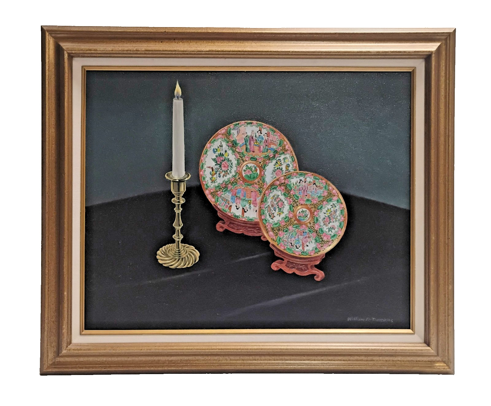 William Tompkins Modern Still Life Rose Medallion Imari Plates Painting 21X25