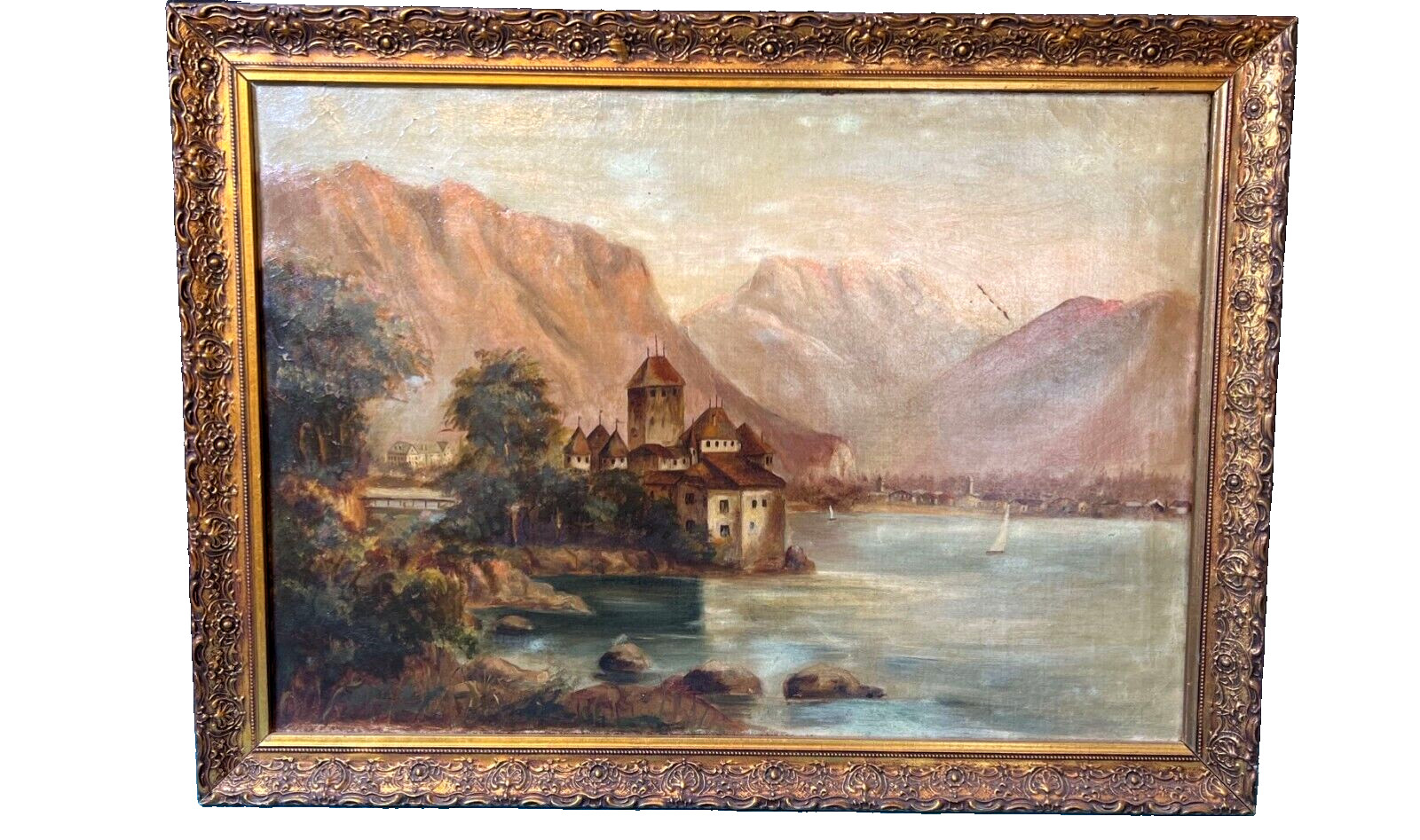 Antique 1890s Chillon Castle Oil Painting Swiss Alps Appraised $1500 Gilt Frame