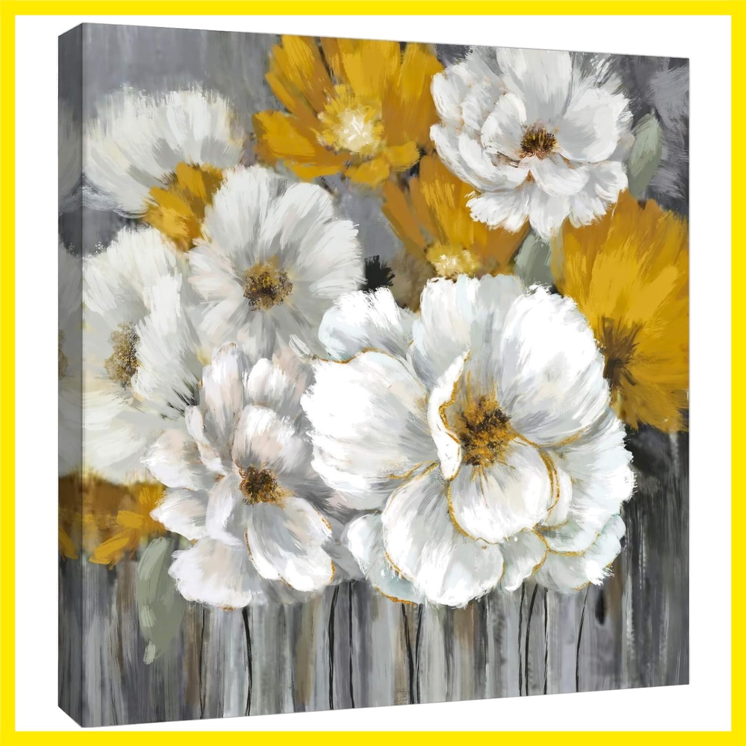 Floral Rustic Farmhouse Canvas Wall Art 14x14in Framed Oil Painting Yellow Fl…