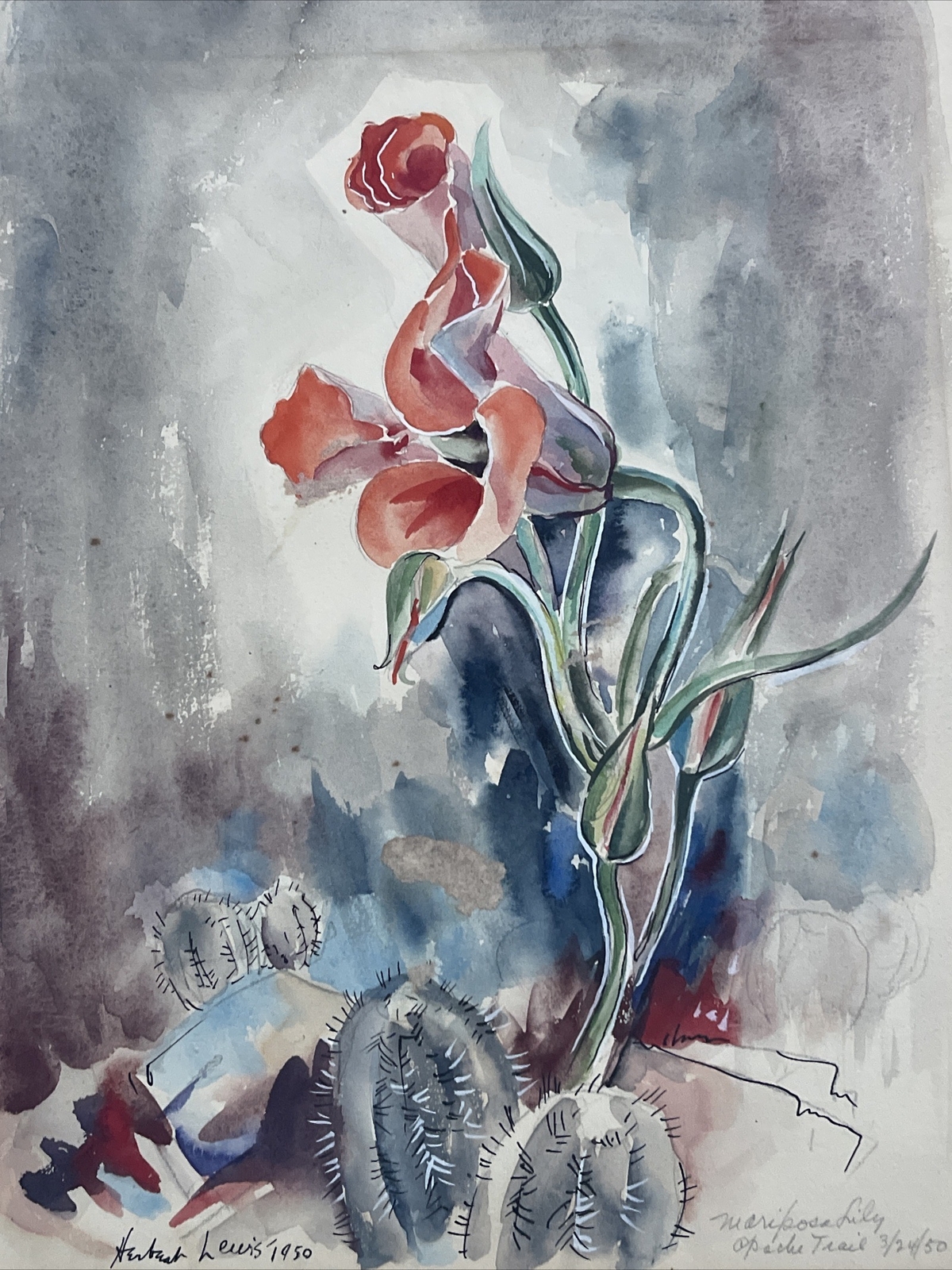MID CENTURY PAINTING FLORAL MARIPOSA LILY APACHE TRAIL PLEIN AIR HERBERT LEWIS
