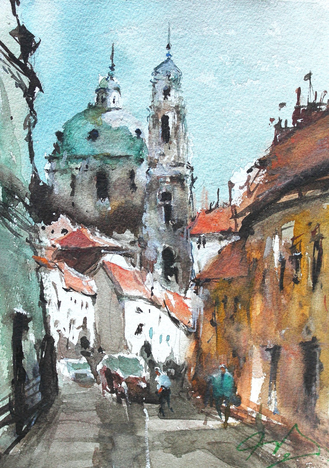 ORIGINAL PAINTING WATERCOLOR PRAGUE ST NICHOLAS BAROQUE CHURCH CITYSCAPE 8×6 in