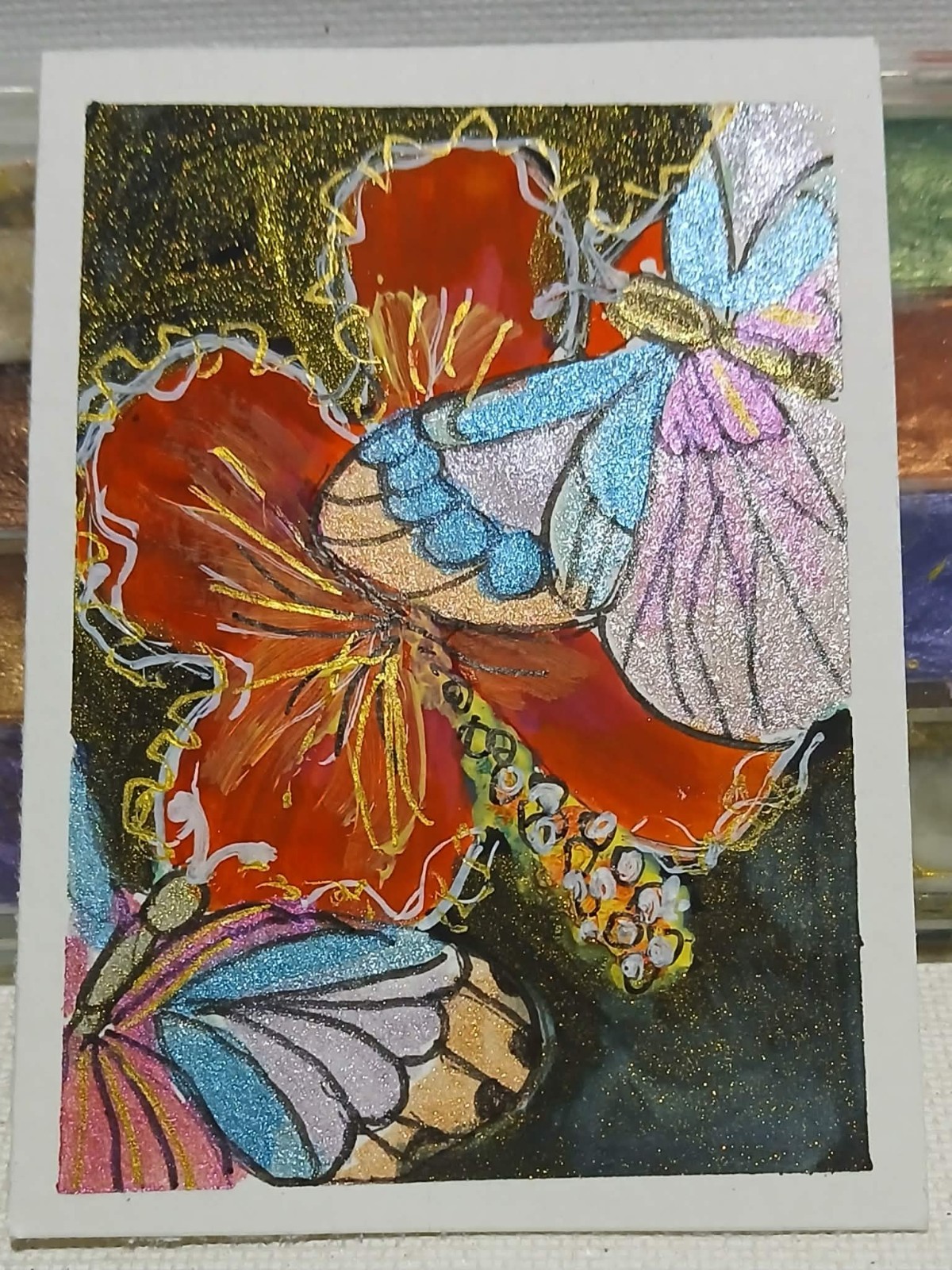 Butterfly on Red & Gold Hibiscus ACEO – Blue Gold Shimmer Watercolor OOAK