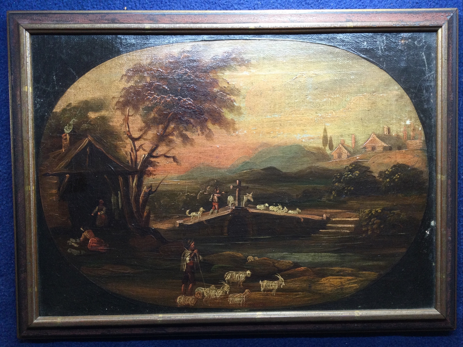 19th Century English Naive Oil Painting on Board Sheep Herding Victorian