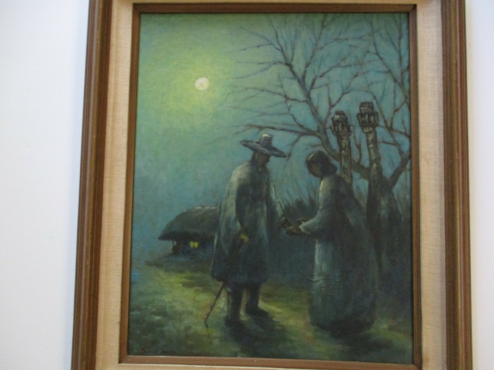 Mid Century Painting Night Moon Lit Landscape Figures Modernism Impressionism
