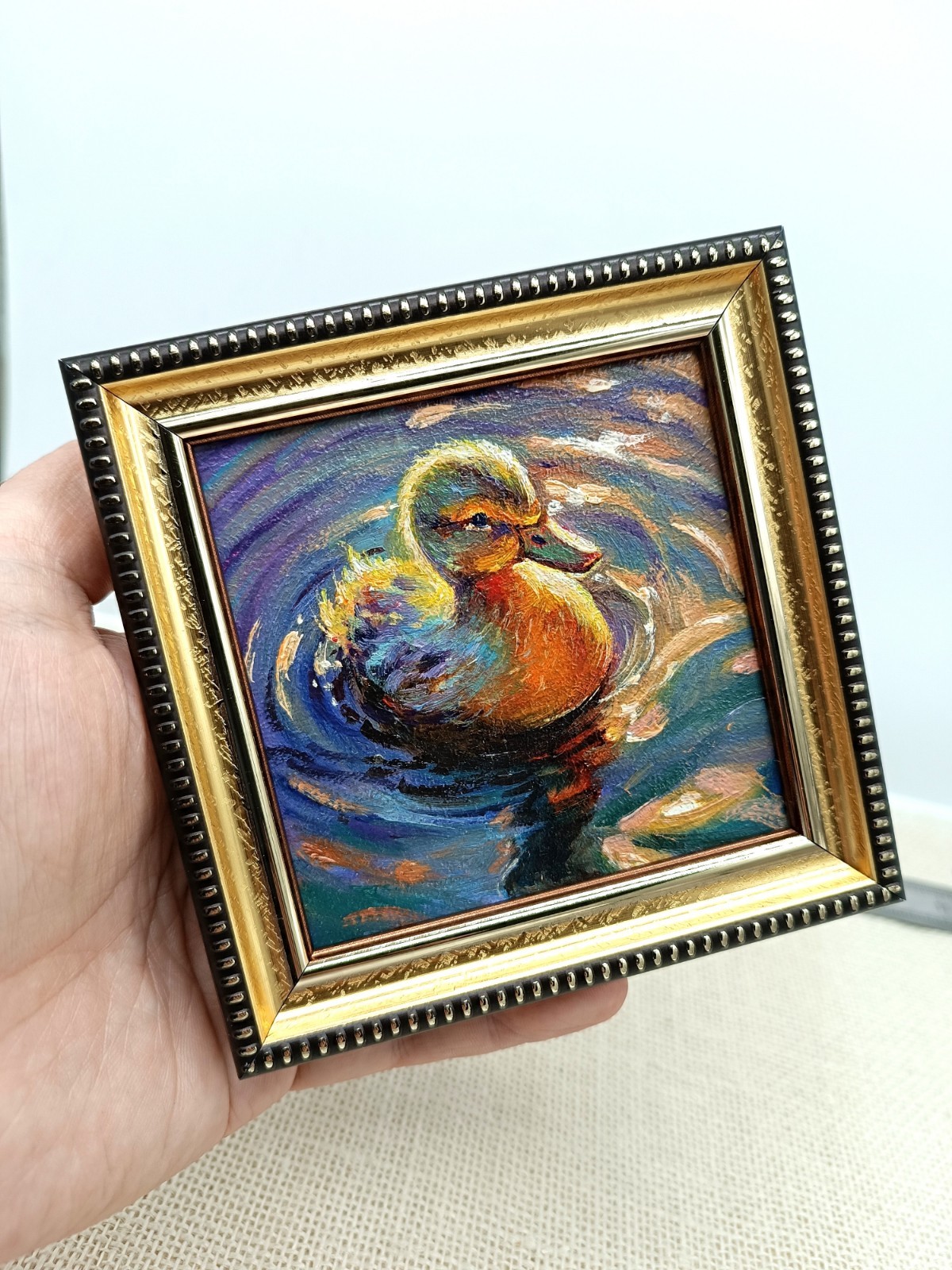 Duckling Original Oil Painting 4×4 Framed Signed Cute Baby Duck Water Pond Art