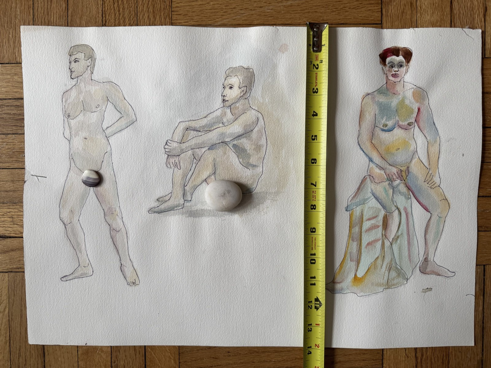 Vintage Watercolor Study Painting Three Men Peter Feldman 14 x 20 1981