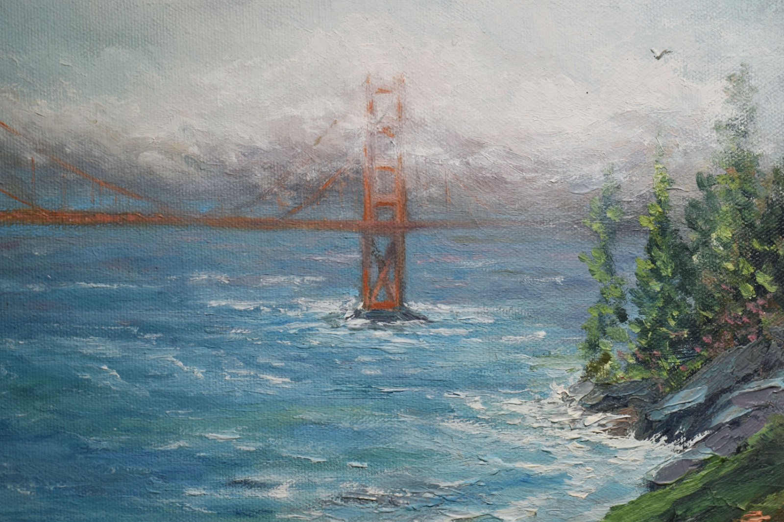 Original Vintage Impressionist Style Oil-San Francisco Bay & Golden Gate Bridge