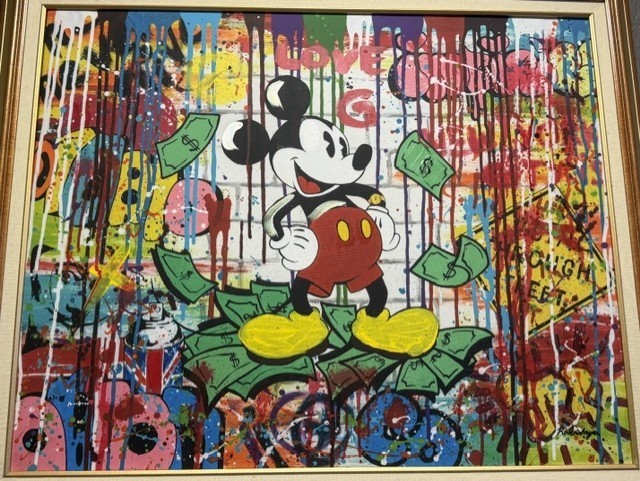 Nastya Rovenskaya- Hand Signed Original Acrylic on Canvas “Mickey Mouse Money”