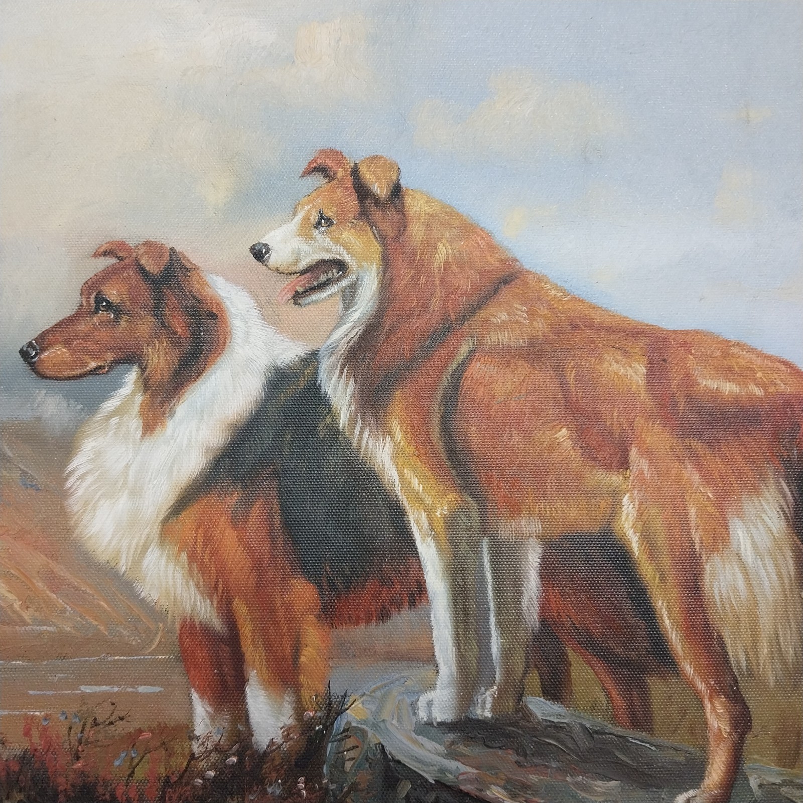 Oil Painting 2 Collies “Lassie” on Rock in large luxury frame 25.75X21.75