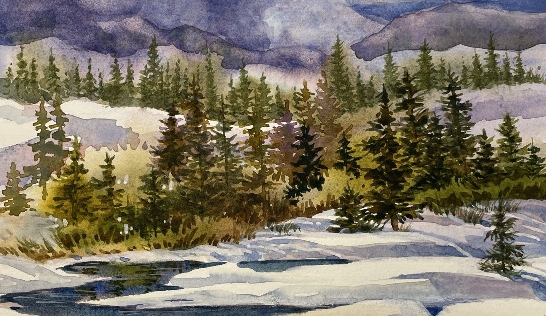 Pamela Wilhelm Watercolor & Ink 7.5×10.5 Original Pine Tree River Landscape