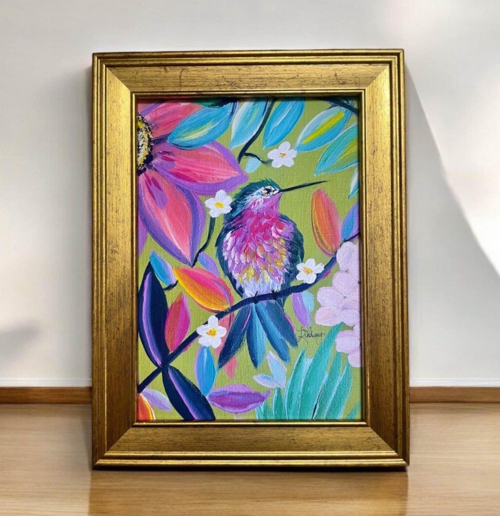 Botanical Hummingbird 5”x 7″ bird print of original painting in gold frame