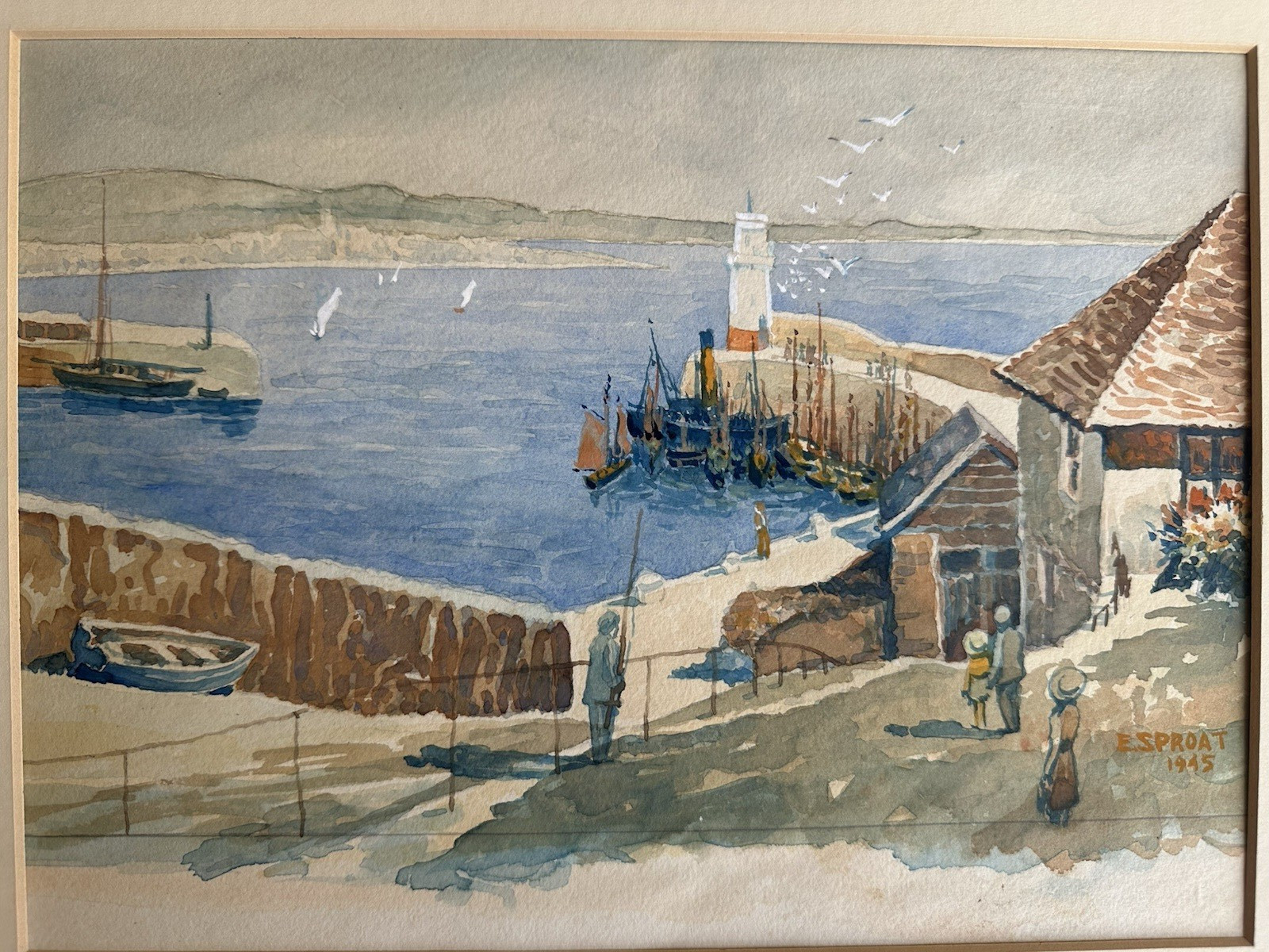 1945 E. Sproat “Penzance from Newlyn Harbour” Watercolor Painting Fishing Boats