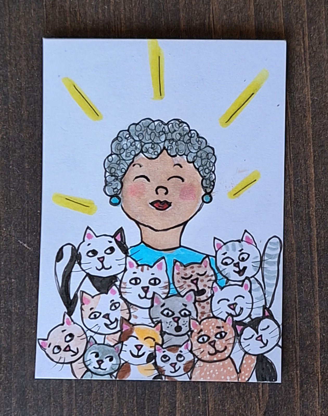 ACEO Original Cat Lady Watercolor Cartoon Painting