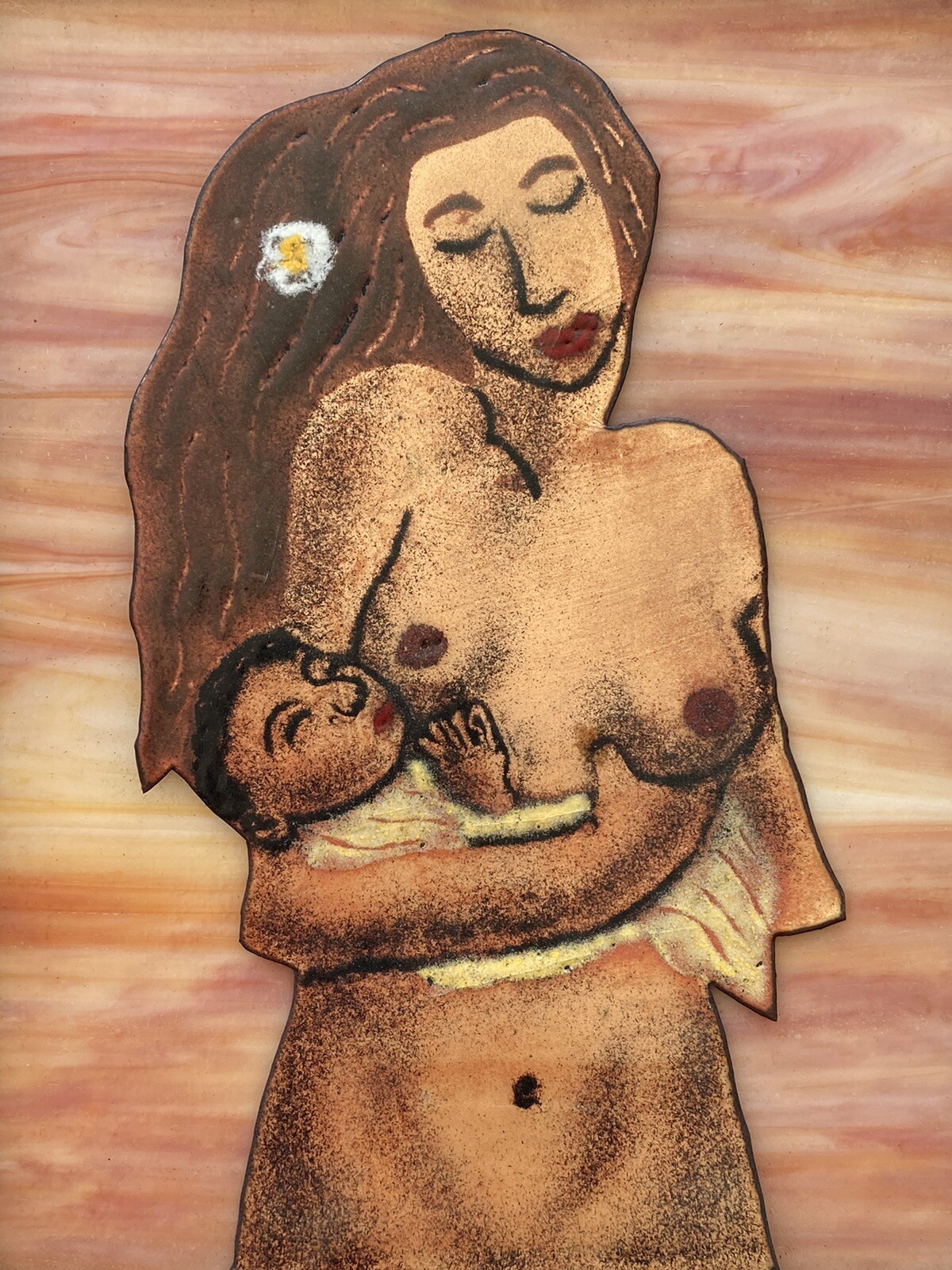 Denny Maloney NC Nude Mother Child Figurative Folk Abstract Assemblage Painting