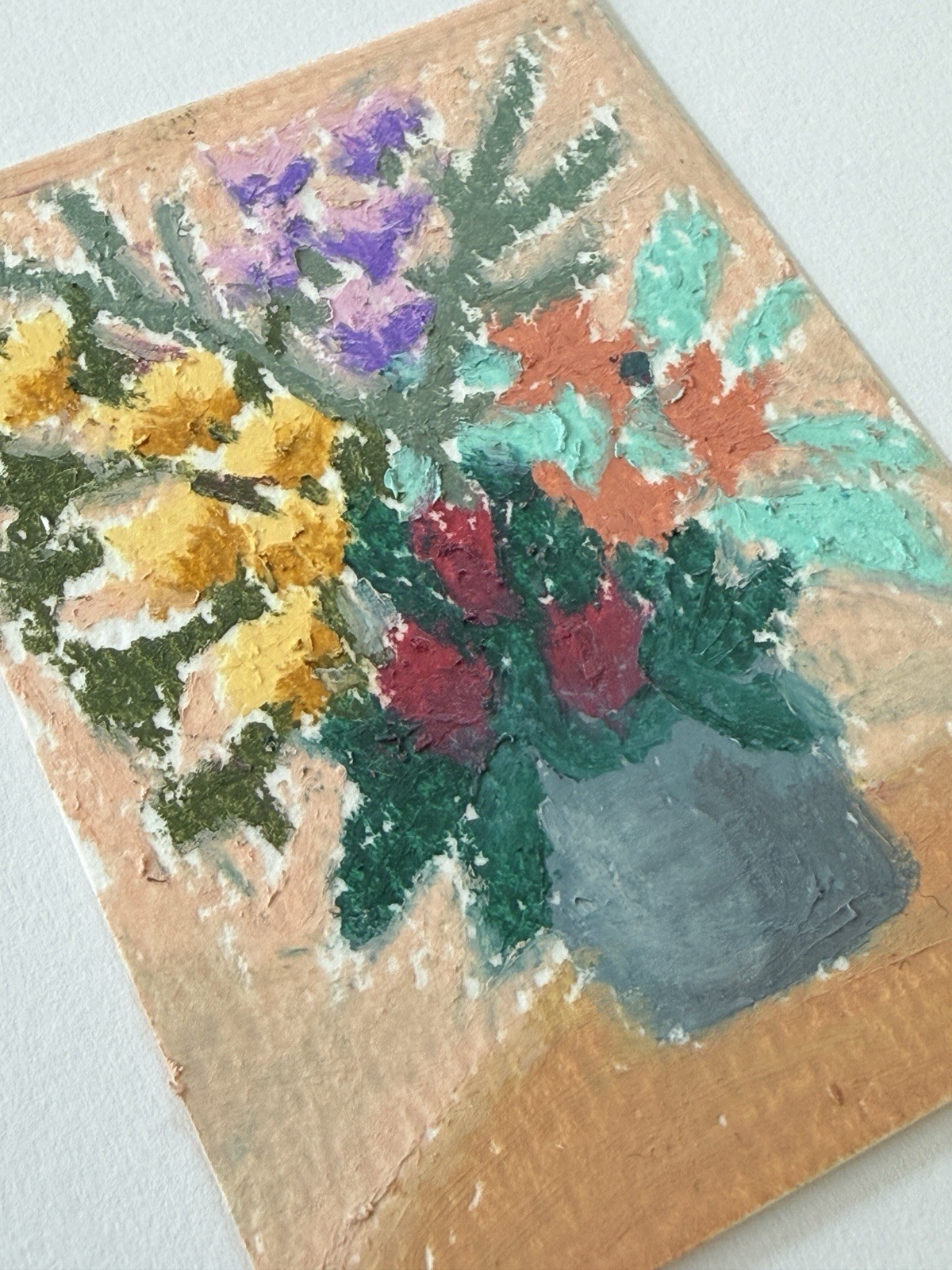 Original ACEO Abstract Impressionism Mini Floral Plant Painting Oil Pastel