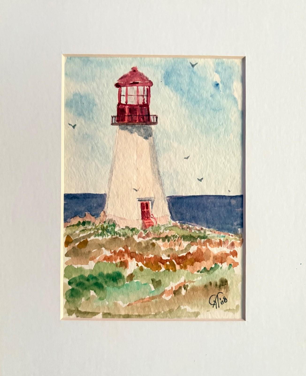 Boats Lighthouse Original artwork Signed Watercolor Paintings 10″x8″