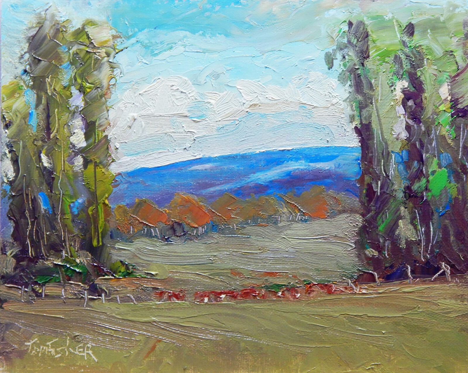 cattle trees grazing mountain country Impressionism Landscape Original Painting