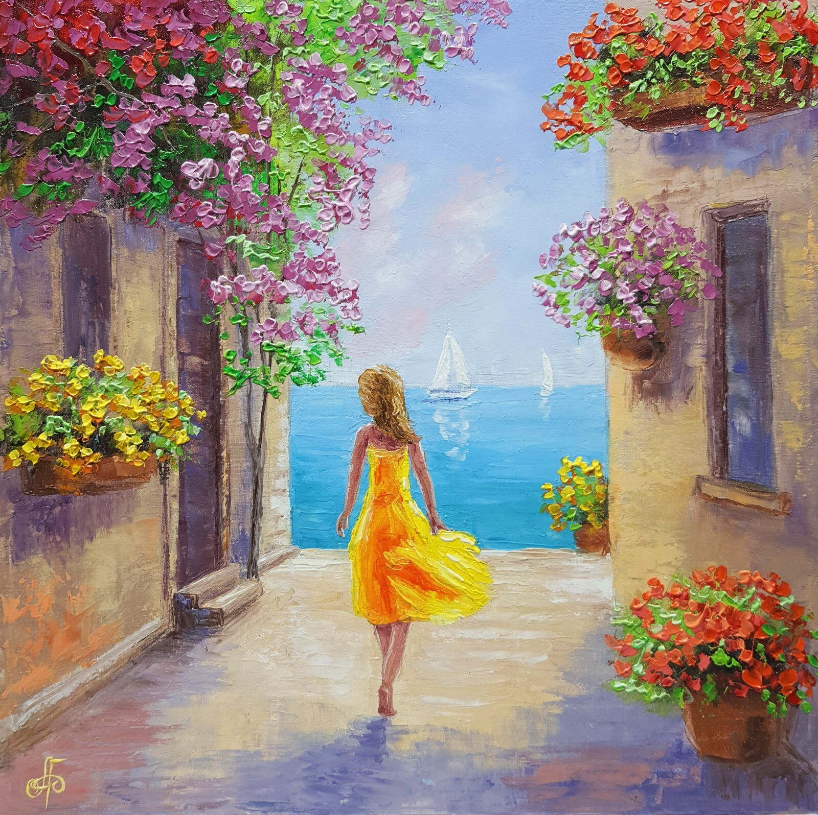 Original Oil Painting Girl Yellow Dress Sea View Floral Street Impressionist Art