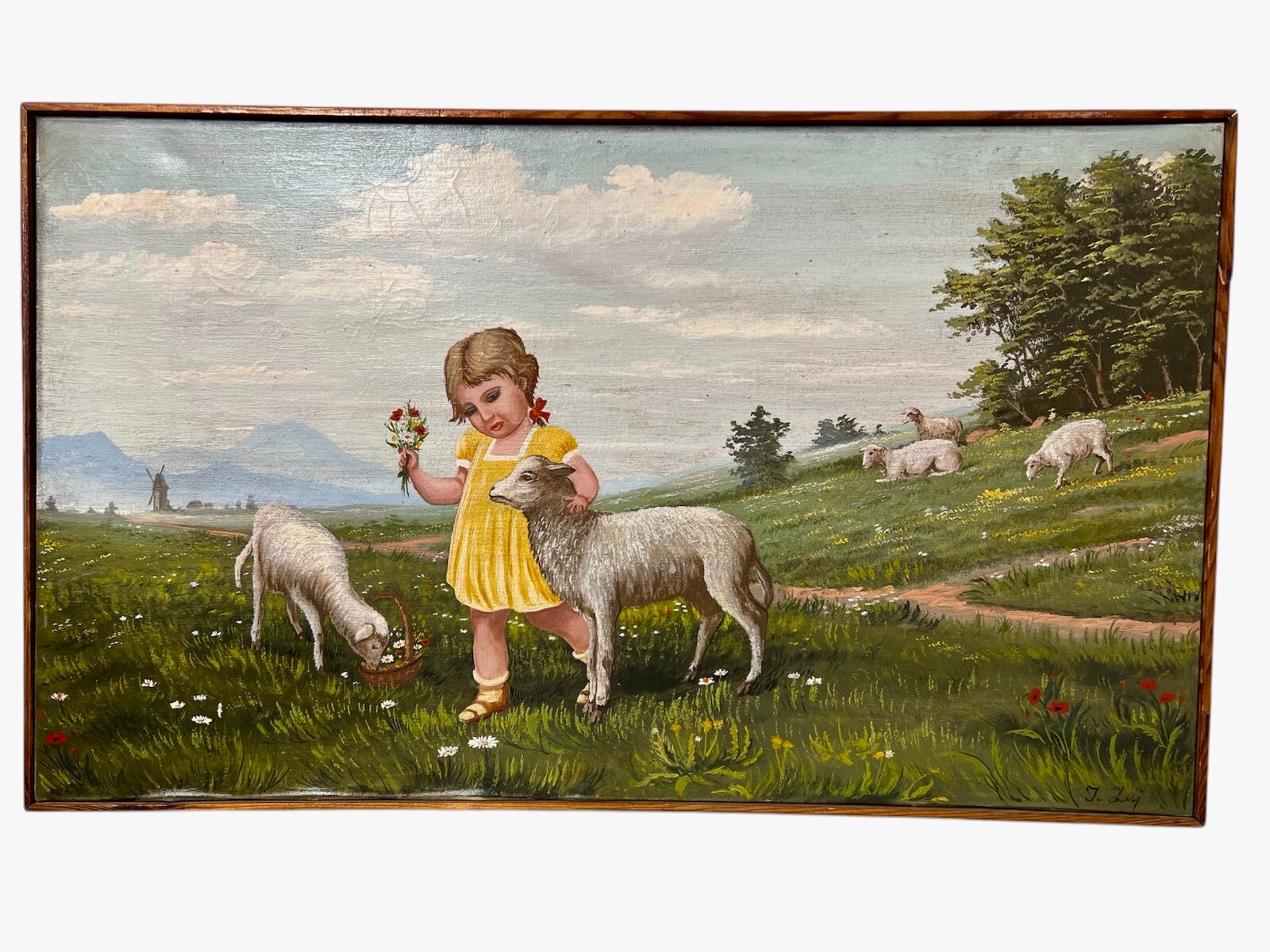 Vintage Oil Painting – Girl with Sheep in Pastoral Landscape – 38″ x 22.5″