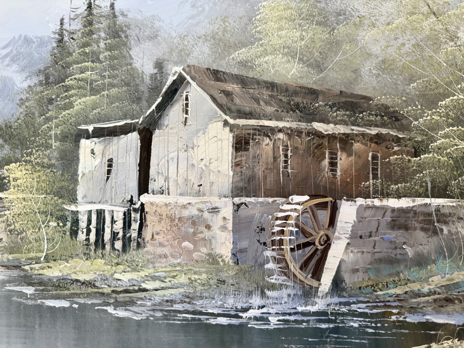 Large VTG Landscape Oil Painting Mill Bridge River Signed H Wilson 53×29