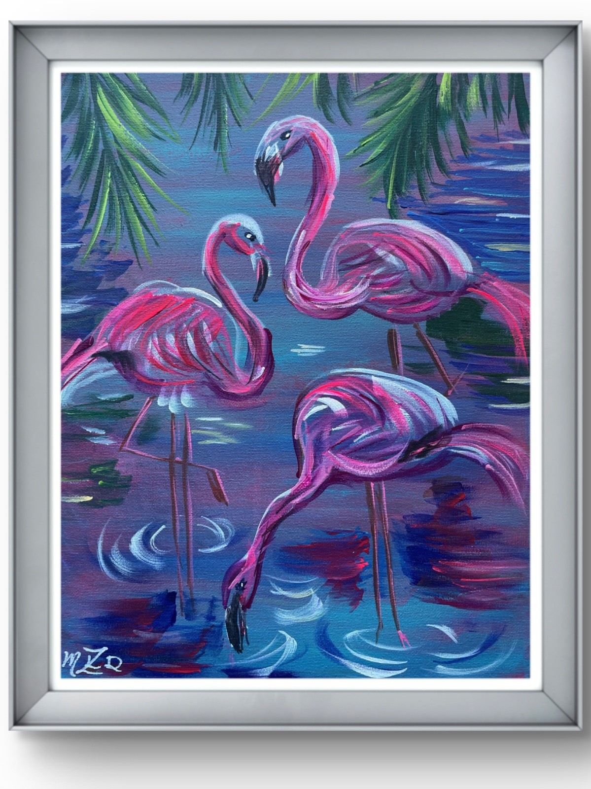 Original Contemporary 11×14 Signed Pink Flamingoes Colorful Art Decor