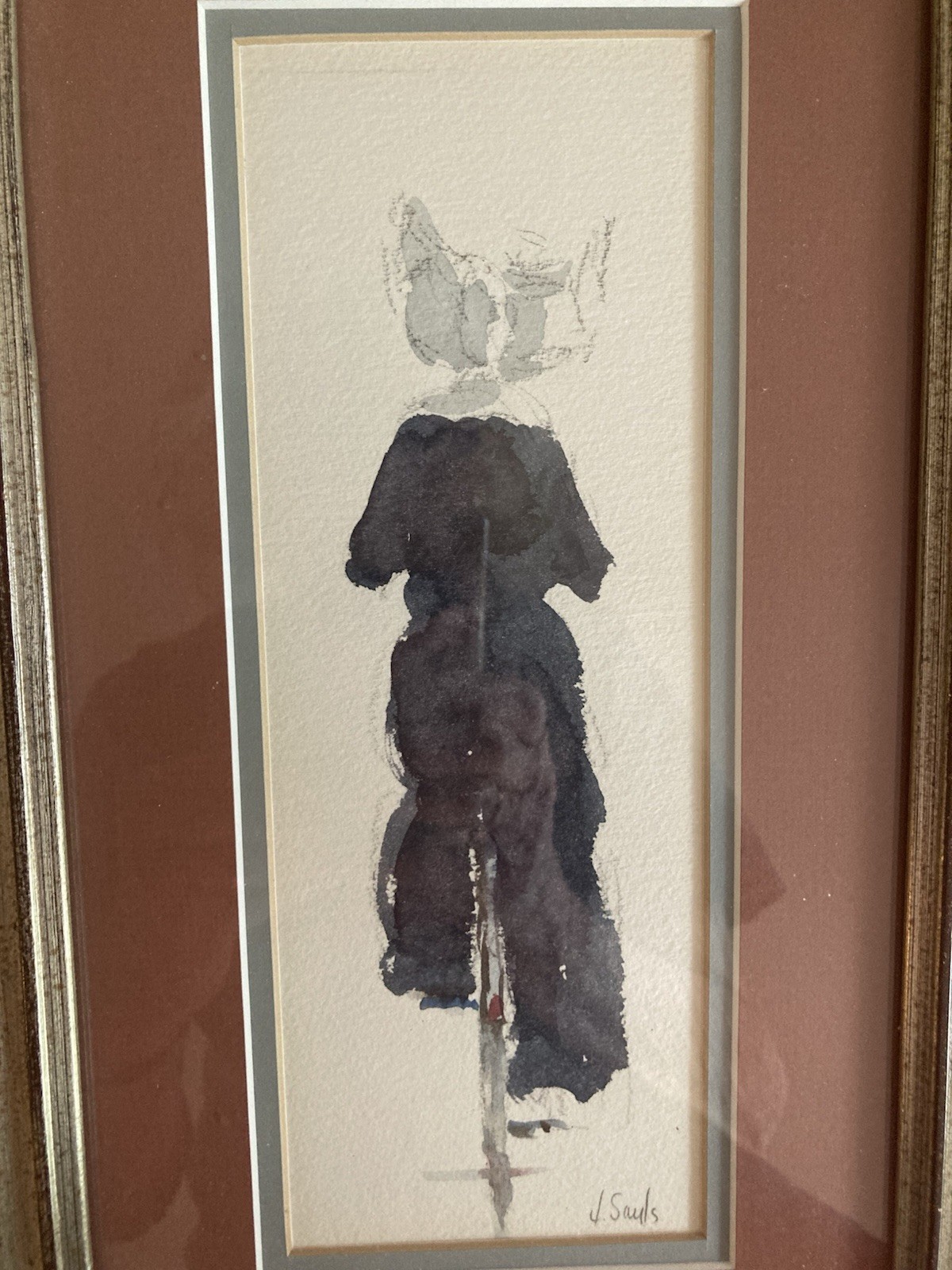 Jean Lay Sauls Framed Impressionist Watercolor of a Nun on a Bicycle c. 9” x 15”