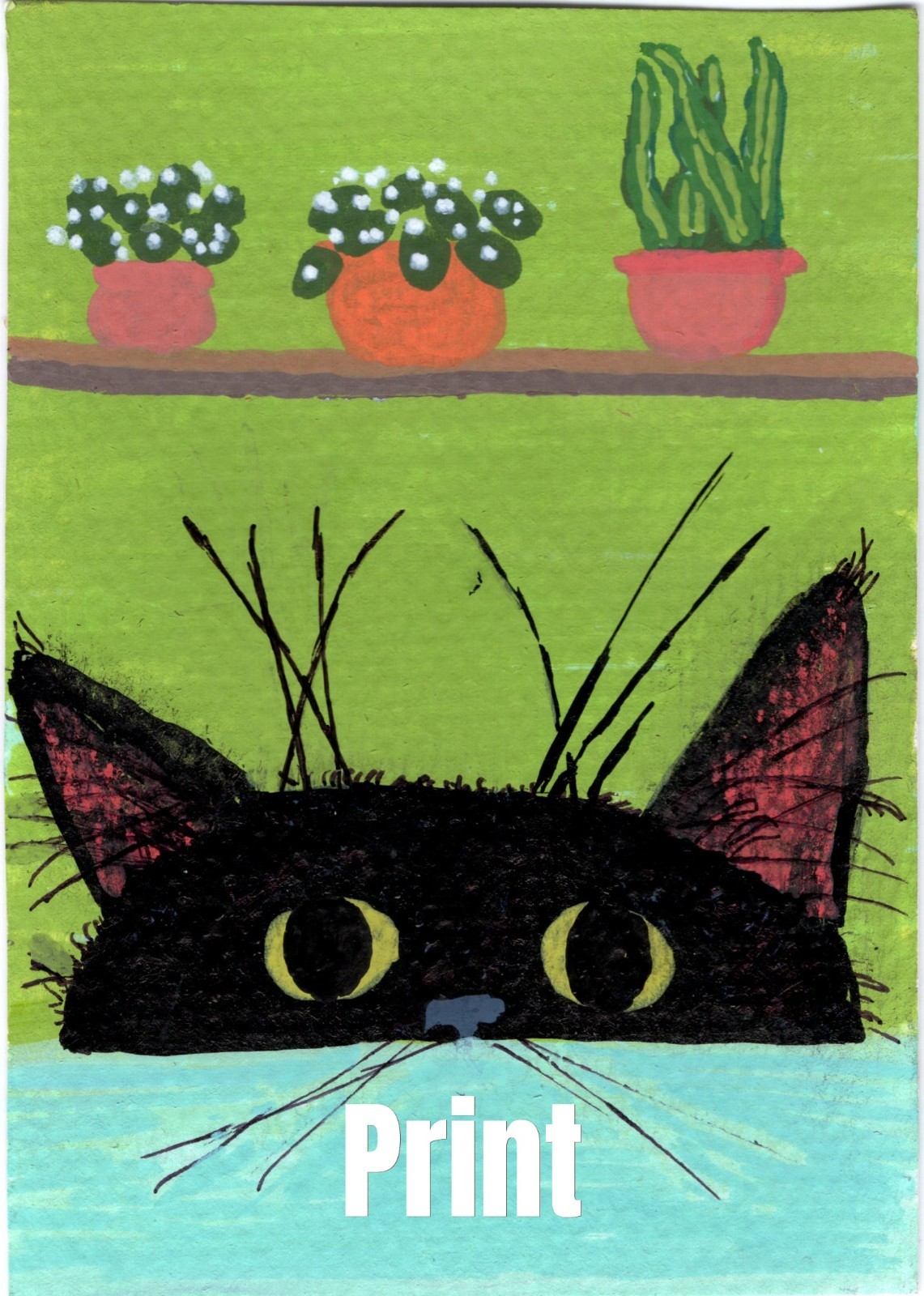 ACEO Art Card PRINT Black Cats House Plants The Secret Life of House Cats #7