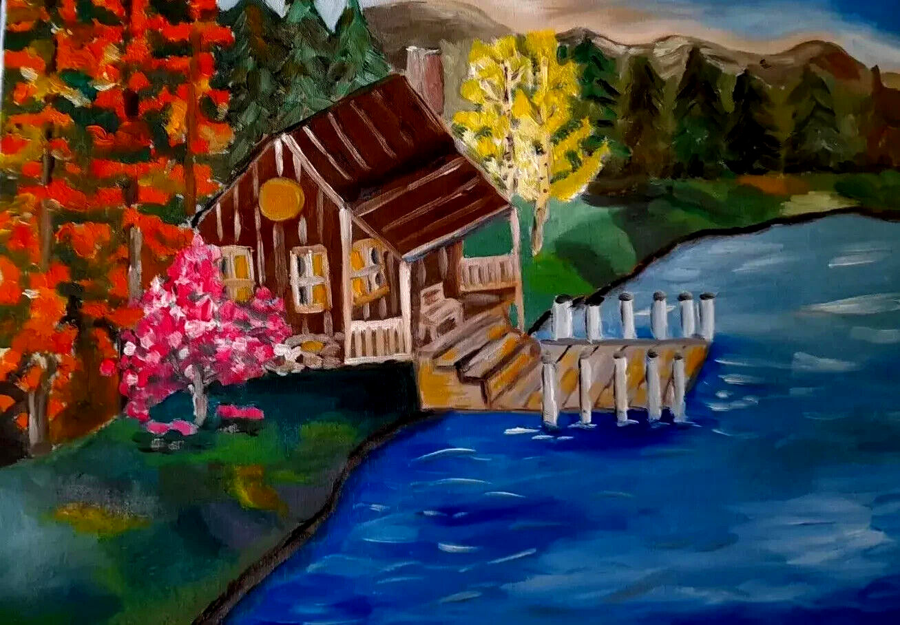 Original Painting Landscape Forest House Lake Artwork Tree Seasons signed