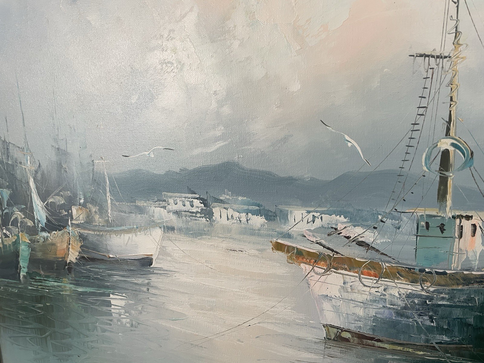 Seascape Boats In Harbor Oil On Canvas Large 53”x 27″ Signed Giddy Framed Ships