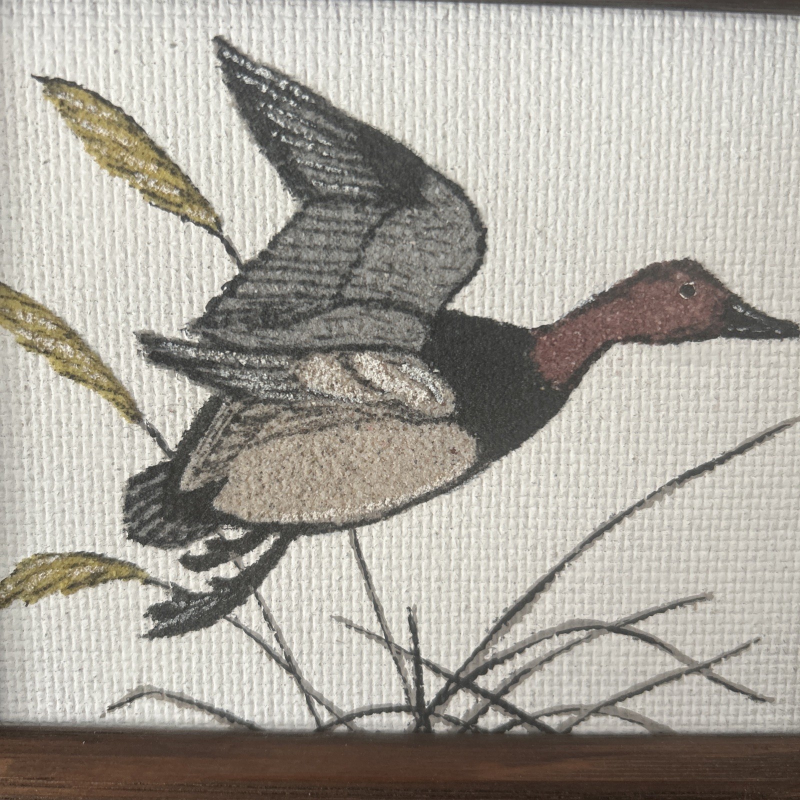 Vintage Wood Framed Duck Nature Sand Art Signed Helen Stanley