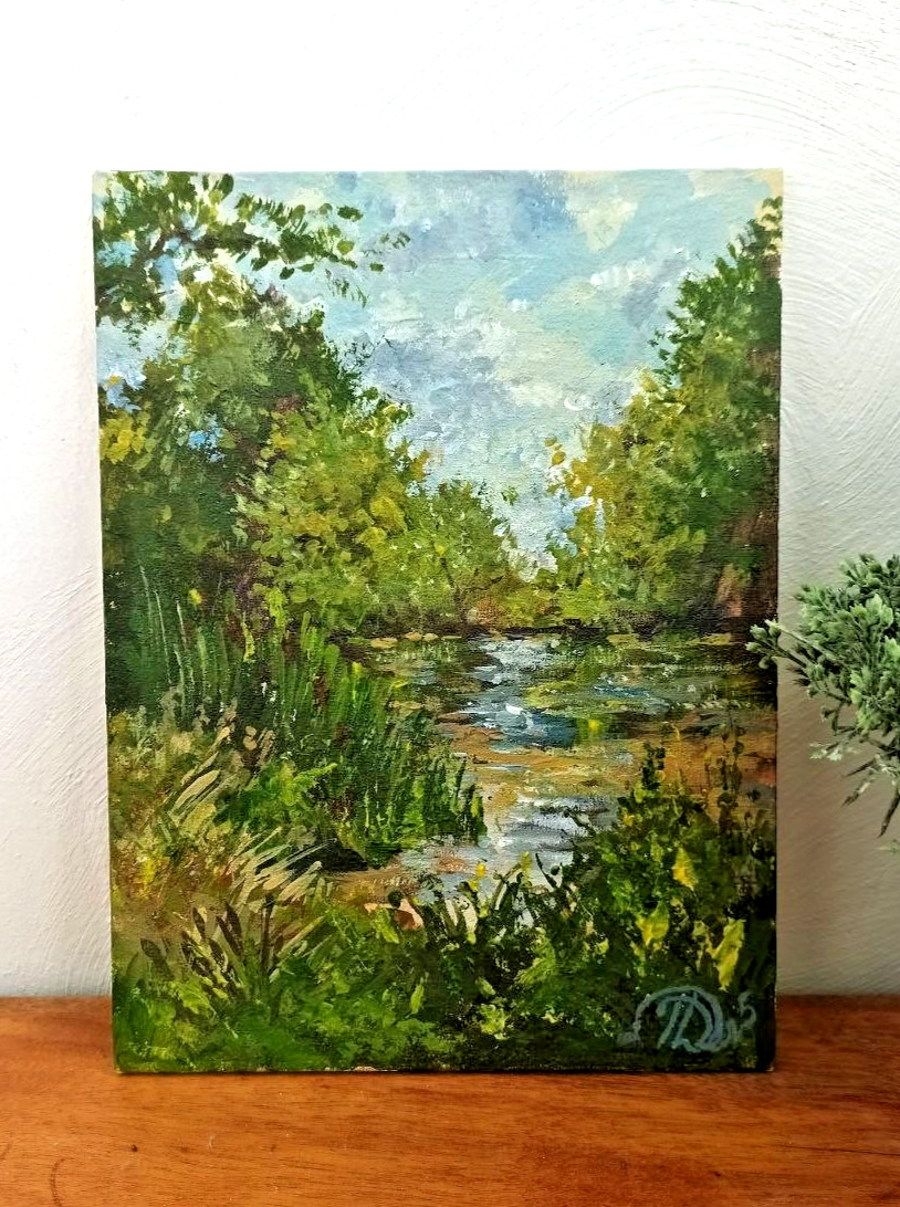 Summer River Forest Landscape Original Painting Nature Scenery Decor 18×24 cm