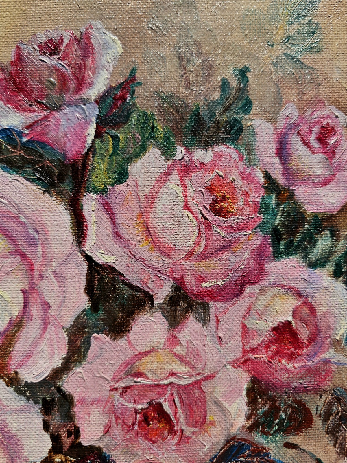 Vintage Floral Still Life OIL PAINTING Pink Roses SIGNED Ornate Gold Gilt FRAMED