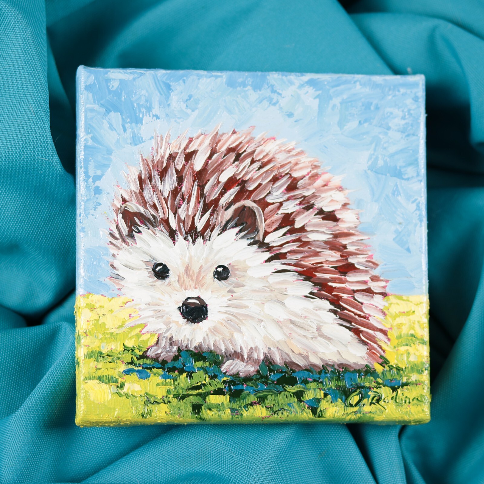 Hedgehog Oil Painting Original Small on Canvas Woodland Animal Art Nursery Kids