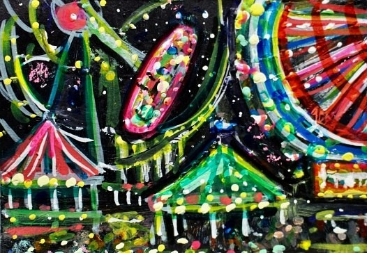 ORIGINAL ACEO Painting CARNIVAL Fair Amusement Park Fireworks Rides Fun ATC ART