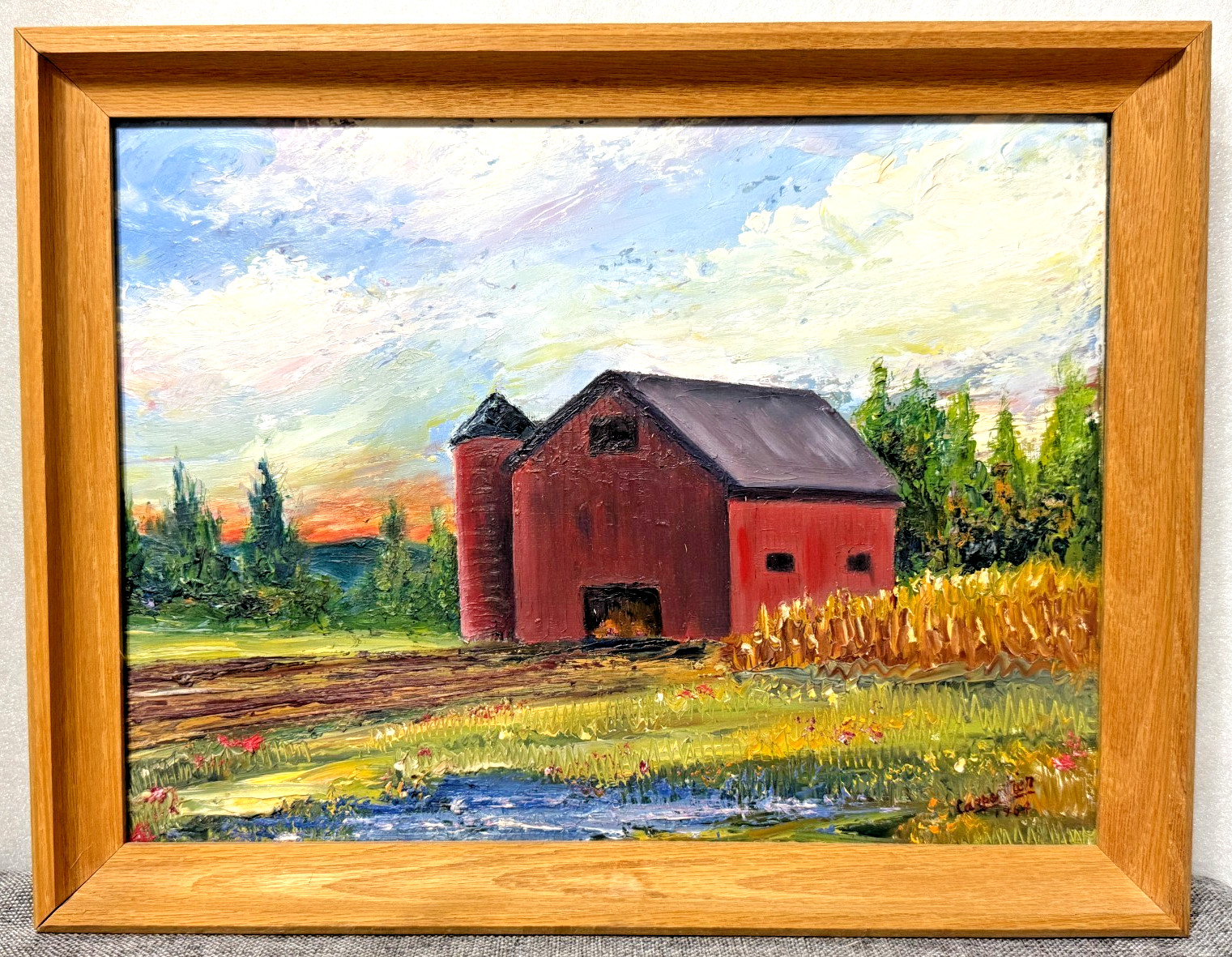 Original 1964 Oil Painting Signed Carpentier Red Barn Landscape Framed Oil Board