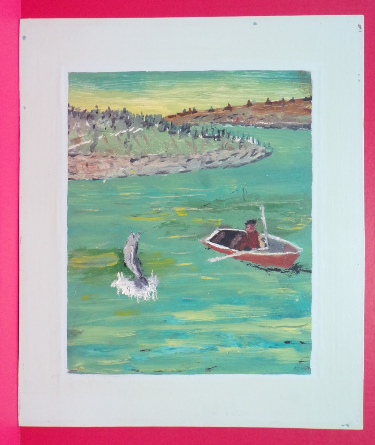 VINTAGE ART PAINTING OF FISHERMAN IN BOAT CATCHING A FISH UNKNOWN ARTIST 17 x 14
