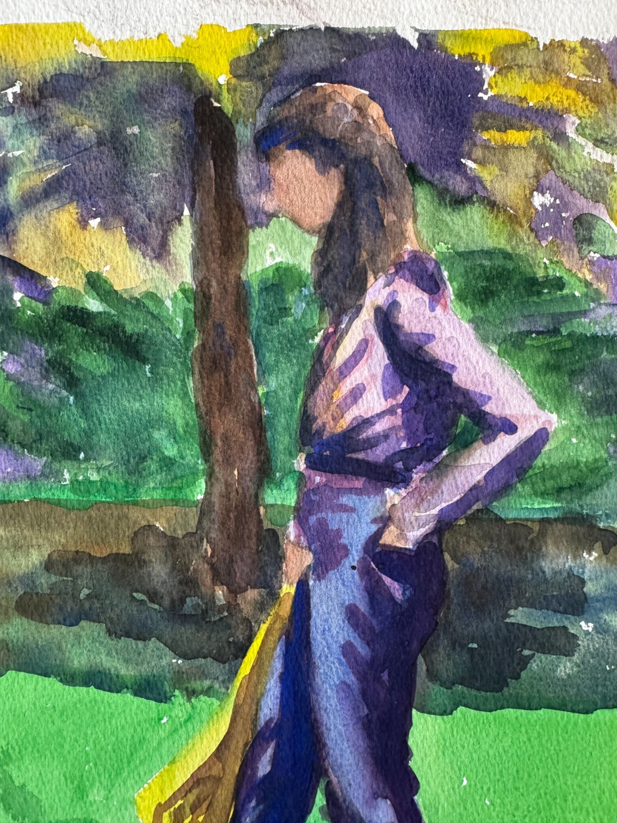 Vintage 1970s Watercolor Painting Woman in Park 10 x 13 Unsigned OOAK